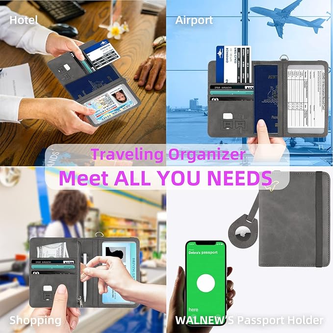 WALNEW AirTag Passport Holder, PU Leather Airtag Wallet RFID Blocking Passport Cover Travel Essentials Case for Women Men (Gray)