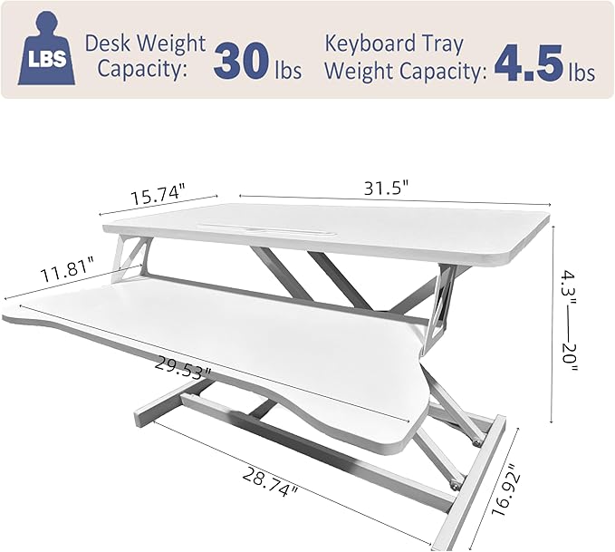 32 Inch Height Adjustable Stand Up Desk Riser, Heavy Duty Computer Workstation with Removable Keyboard Tray - Ergonomic Design for Home Office Workshop Gaming, Spacious Platform(White)