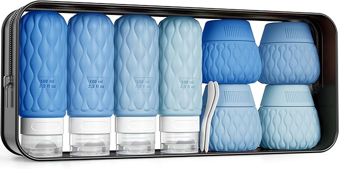 Silicone Travel Bottles for Toiletries 8 Pack Travel Size Toiletries 3.4 oz 1.7 oz, Leakproof Squeeze Travel Size Containers Refillable Cosmetic Jars Set for Shampoo, Conditioner, Creams