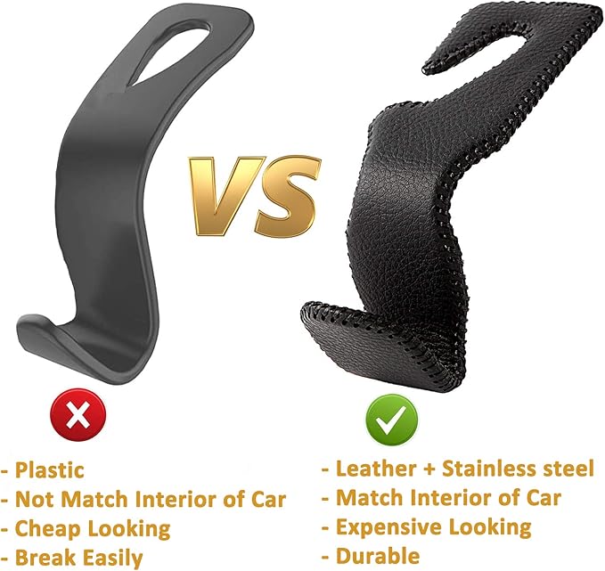 Headrest Hooks for Car, Back Seat Organizer Black Leather Hanger Holder Hook, for Hanging Purses and Bags and Coats, Pack of 2