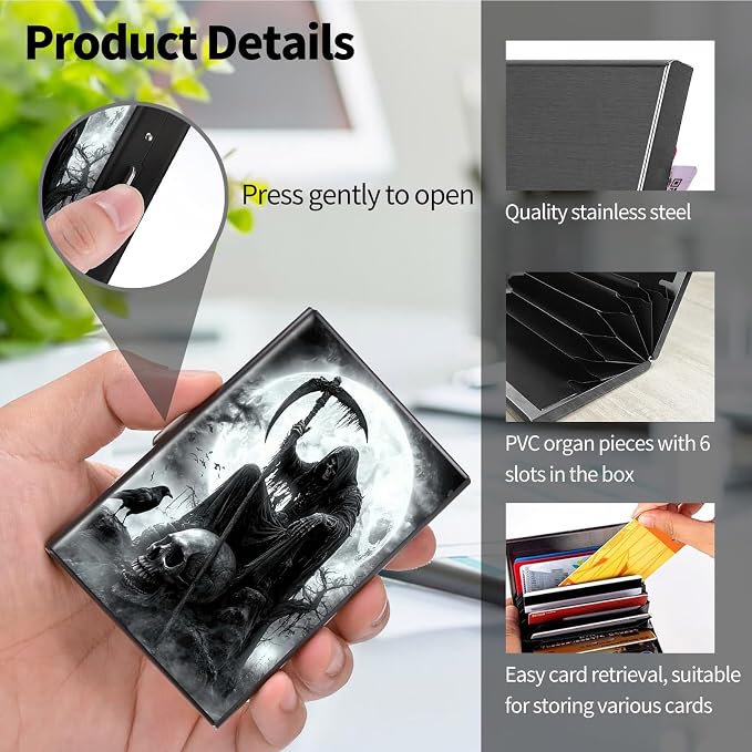 Metal Wallet, Credit Card Holder for Women Men Girls, RFID Blocking Aluminum Wallet Slim Hard Case, Mini Travel Wallet, ID Card Holder Business Card Case,Grim Skulls Reaper