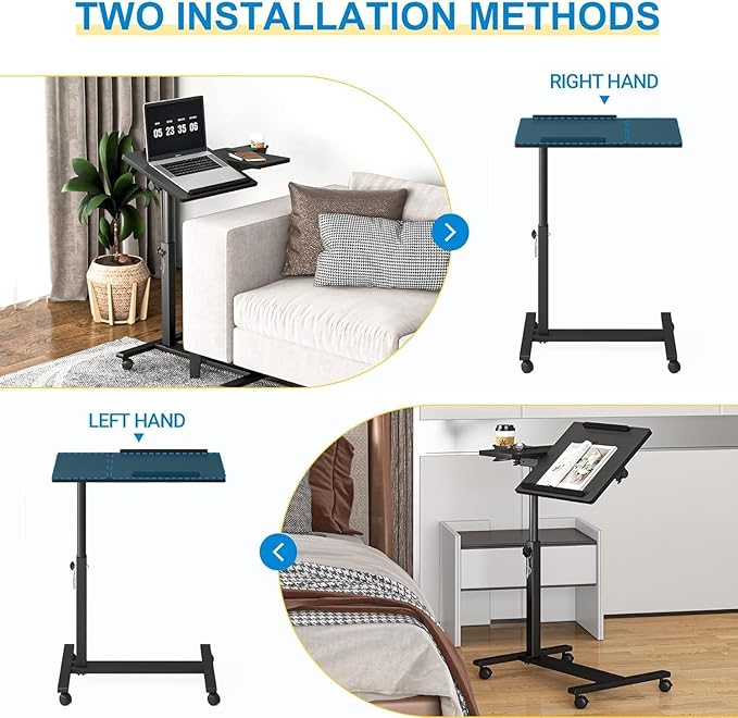 Panta Height Adjustable Rolling Laptop Stand, Overbed Table with 2 Tilting Desktops, Mobile Laptop Table for Couch with Cup Holder, Mobile Computer Workstation for Office, Home and Hospital