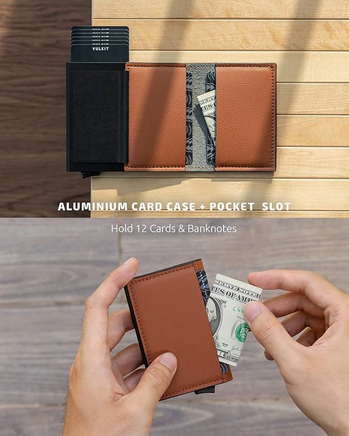 VULKIT Credit Card Holder RFID Blocking Leather Automatic Pop Up Wallet Aluminum Pocket Business Card Case
