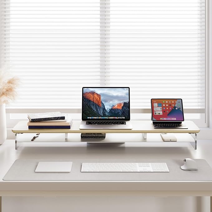 Fenge Acrylic Monitor Stand, 42.5 Inch Clear Dual Monitor Riser with Metal Storage, 2 Tier Computer Riser with LED Lights for Desk, Laptop, Printer, TV