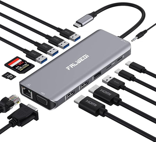 USB C Laptop Docking Station, 14 in 1 Type C Hub Multiport Adapter Dongle with 3 Monitors, Dual HDMI, VGA, PD, Ethernet, SD/TF, USB C/A Ports, Mic/Audio, Compatible for Dell/Surface/HP/Lenovo Laptops