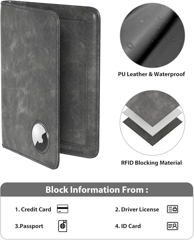 Stouchi AirTag Passport Wallet, Grey, Unisex, Faux Leather, RFID Blocking, Anti-Waterproof