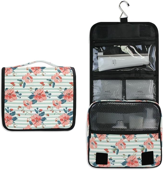Hanging Travel Toiletry Bag Floral on Striped Kit Makeup Case Cosmetics Organizer for Men Women
