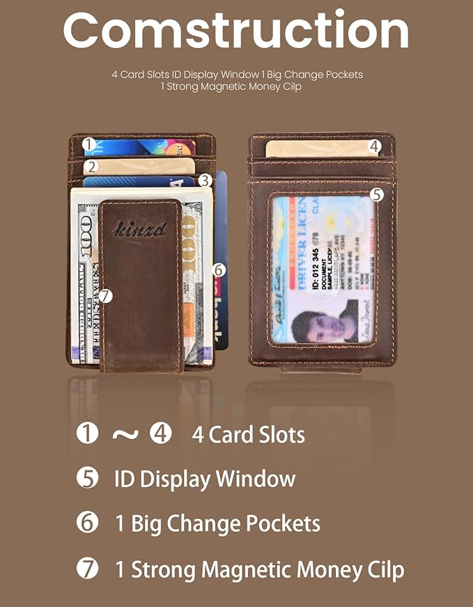 kinzd Slim Money Clip Wallet for Men Genuine Leather Front Pocket RFID Blocking Wallet, Minimalist Card Holder with 4 Strong Magnets Hold 30 Bills | RFID Blocking, Strong Magnet, thin