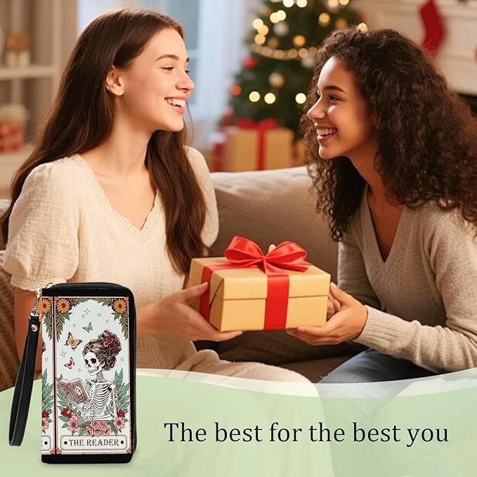Book Lovers Gift for Womens Wallet - Slim PU Leather Gothic Style Skeleton Reader Wallet for Women with Zipper, Credit Card Holder Wallets, Wristlet Wallets for Female Girls Birthday(Reading Gift)