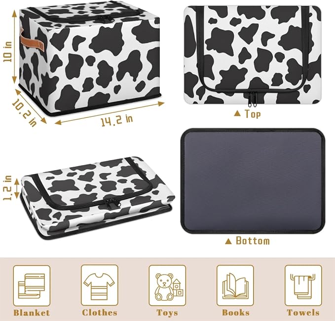 Cow Print Pattern Storage Bins With Zipper Lid, Collapsible Trunk Organizer, Car Organizers and Storage Bins with Lids, Decorative Storage Boxes with Handle, Home Storage Baskets for Organizing