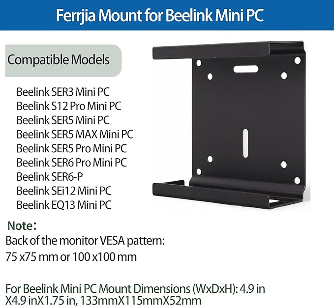 Metal Mini PC Mount Compatible with Beelink Mini PC Vesa Mount/Wall Mount/Under Desk Mount, Mount for Beelink S12 Pro Mini PC, SER6 Pro/SER3/SER5 Mini PC, SER5 MAX/Pro Mini PC, SEi12/EQ13