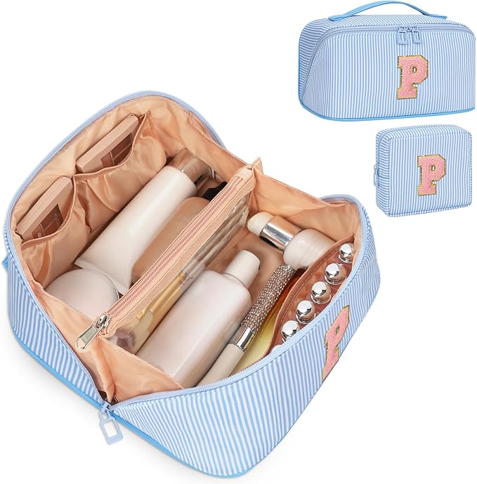 2026 Graduation Gifts - Travel Makeup Bag for Women, 2Pcs Portable Personalized Initial Makeup Organizer Bag, Open Flat Large Cosmetic Bag With Travel Essential Pouch (Blue Letter P)