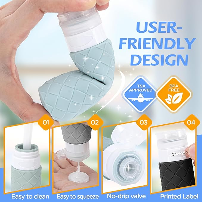 16 Pack Travel Bottles for Toiletries, TSA Approved Travel Size Toiletries Containers Set, BPA-Free Silicone Leak Proof Refillable Bottles Stackable Creams Jars Accessories Kit W/Clear Bag(Gray)