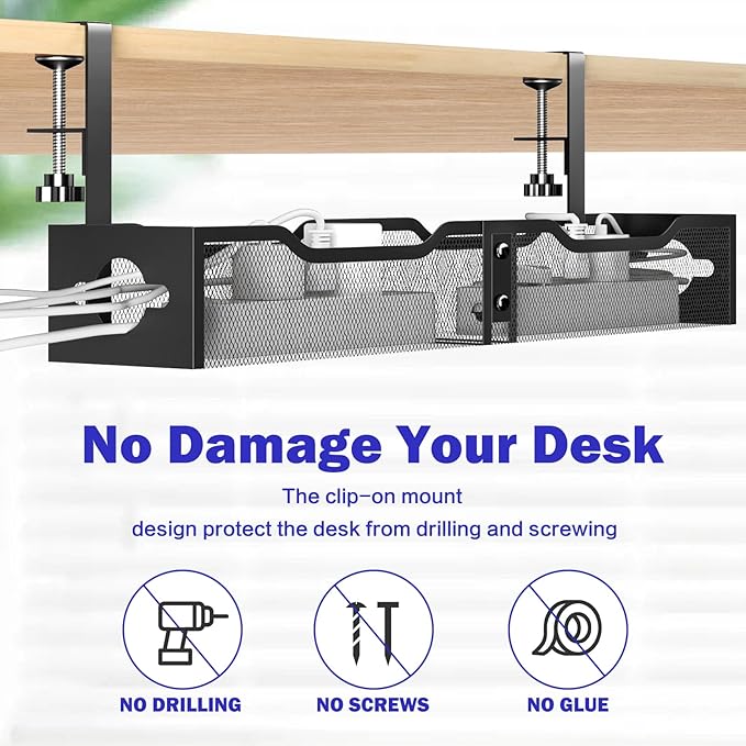 Under Desk Cable Management Tray 25.12", Extra Large Cable Management No Drill, Extended Cord Organizer with Adjustable Clamps, White