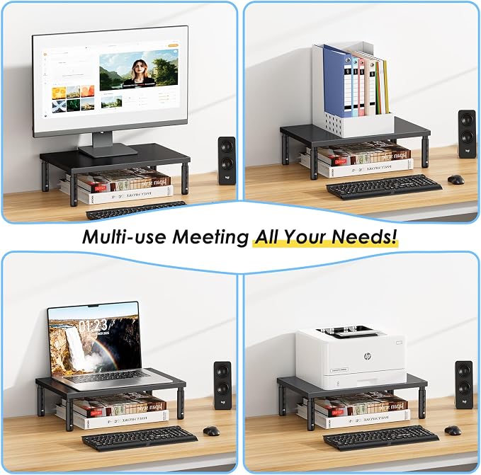 ECOLOVI Wood Laptop Stand for Desk, 4-Height Adjustable Computer Monitor Stand Riser for Desk Organizer and Accessories, Office Desk Accessories Workspace Organizer for Home Office Supplies, Black