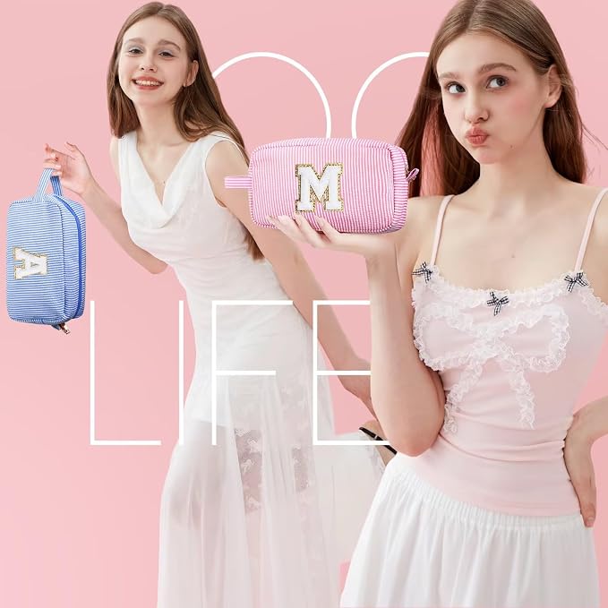 YOOLIFE Birthday Gifts for 6 7 8 9 10 11 12 13 14 15 Year Old Teen Girl - Initial Makeup Bag Letter Toiletry Pouch Cosmetic Case, Personalized Teen Girl Gifts Trendy Stuff, Pink C