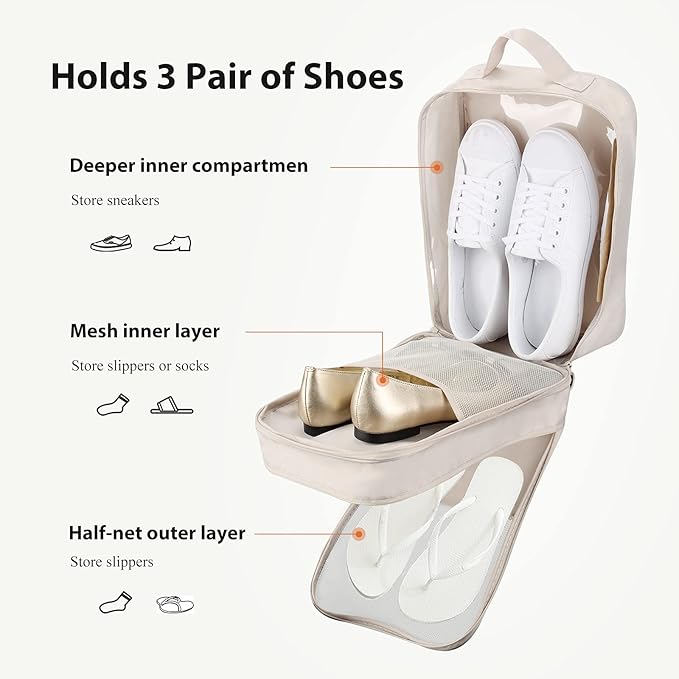 Travel Shoe Bag Holds 3 Pair of Shoes, Hezelf Shoe Storage Pouch for Travel and Daily Use, Travel Suitcase Shoe Organizer, Waterproof