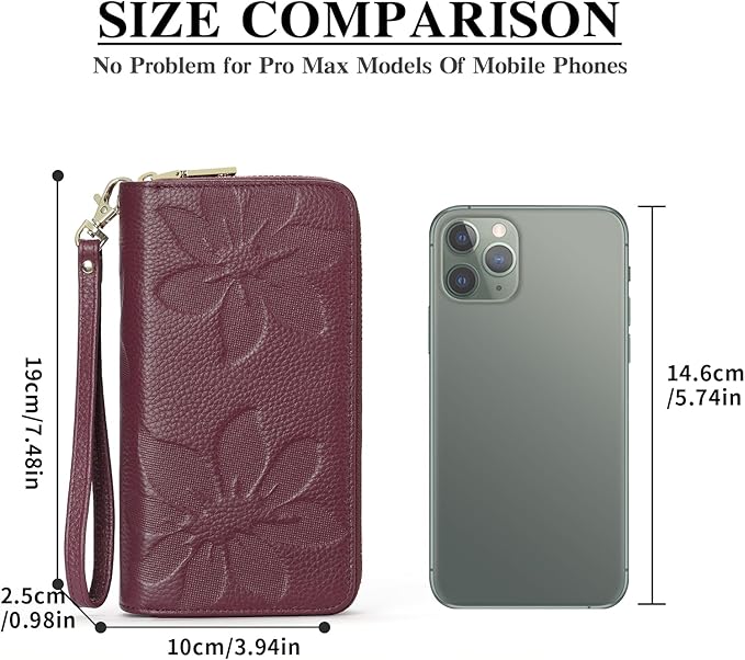 GOIACII Women's Wallet Large Capacity Double Zip Ladies Card Phone Holder RFID Blocking Wristlet Leather