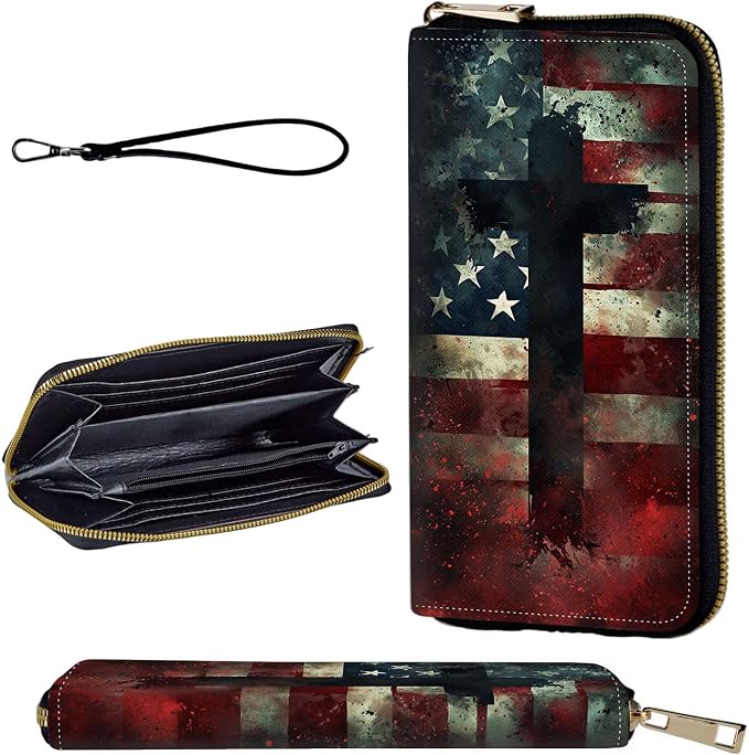 Wallet,Leather Long Wallet Suitable For Ladies And Teenagers - Detachable Wristband + RFID Travel Wallet With Card Slot - American Flag Cross