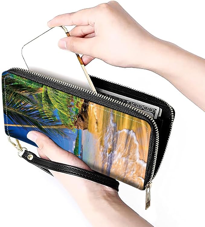 Women's Large Capacity Wallet PU Leather Zip Around Clutch Purse Multifunctional Wallet with Removable Wristlet Strap for Smart Phone/Coin/Card/Cash, Shore Palms Tropical Beach
