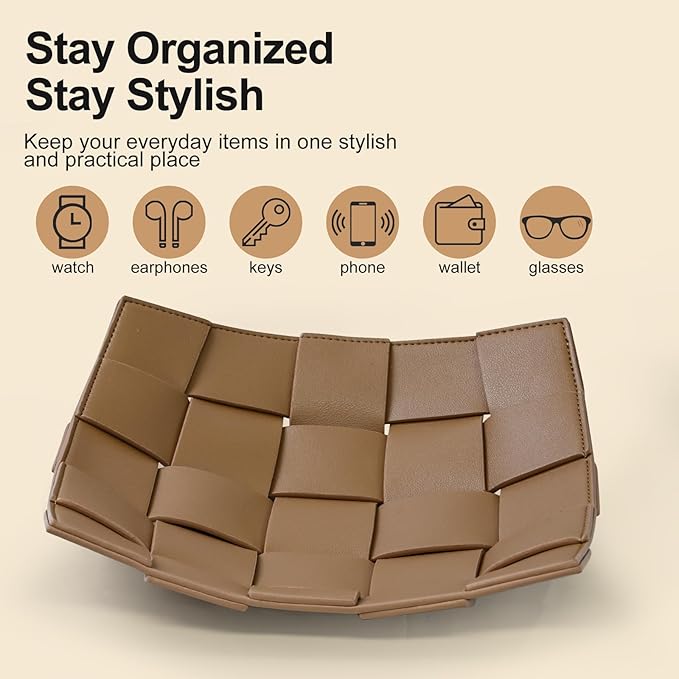 Valet Tray PU Leather Key Holder Bowl for Men and Women Entryway Table Nightstand Catchall Storage Organizer Tray for Wallet, Keys, Jewelry, Coins - Coffee, 9.8" L x 9.8" W x 2" H