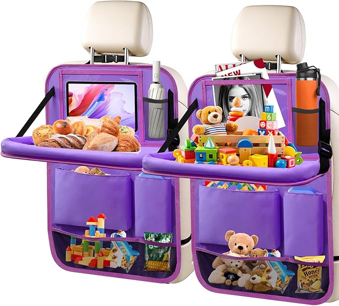 2Pack Car Backseat Organizer with Foldable Table Tray,6 Storage Pockets Car Storage Organizer with Tablet Holder,Car Seat Back Protectors Kick Mats Travel Accessories (Purple)