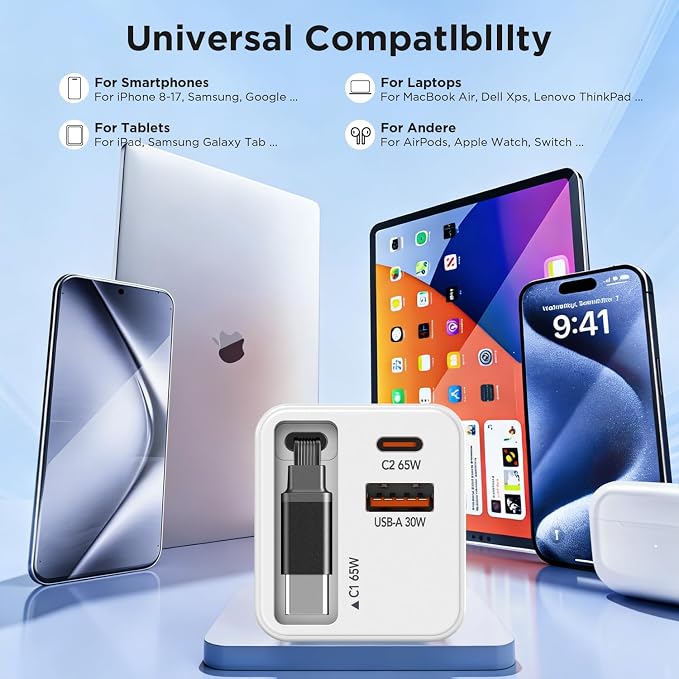 65W GaN USB C Charger Block with 2.3FT Retractable Cable, 3-Port Fast Wall Plug (2 USB-C & 1 USB-A) for iPhone 17 16 15, Samsung Galaxy S25, MacBook Pro/Air, Travel (White)