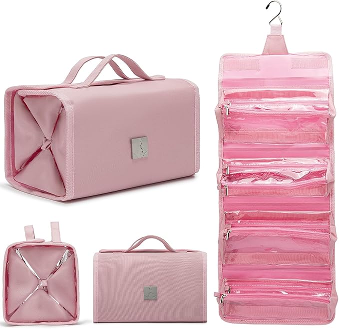 ROYALFAIR Roll Up Makeup Bag, Travel Toiletry Bag for Women with 4 Clear TSA Approved Pouches, Hanging Travel Organizer, Folding Cosmetic Bag for Men and Women