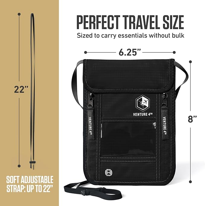 VENTURE 4TH Neck Wallet for Women & Men – RFID Blocking Passport Holder for Travel, Hidden Neck Pouch with 6 Compartments, Slim Lightweight Travel Organizer with Adjustable Strap (Pure Black)