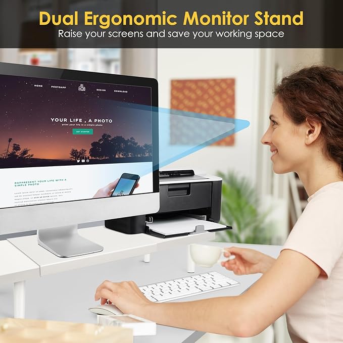 Dual-Monitor-Stand-Riser-For-Desk Adjustable Length 32-40 Inch，Large Desktop Computer Monitor Riser For 2 Screens，Desk Shelf Organizer Riser Stand For Computer/Laptop/PC/Printer/TV Black