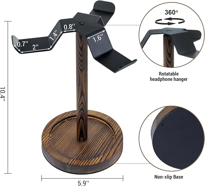 MyGift Industrial Matte Black Metal Headphone Stand with Burnt Wood Tray – Desktop Headset and Gaming Controller Holder for Office, Studio, or Console Setup