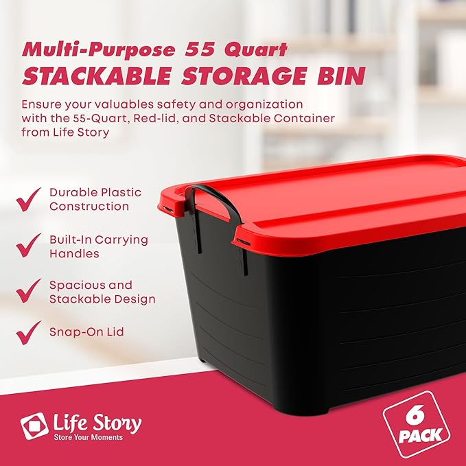 Life Story 6 Pack Heavy Duty Stackable Storage Bin, 55 Quart Home Organizer, Versatile Lightweight Locking Bins with Carrying Handles, Black/Red