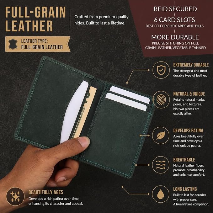 FOXHACKLE Full Grain Leather Credit Card Holder for Men and Women, Slim Bifold RFID Blocking Wallet, Thin Front Pocket Minimalist Wallet, Small Card Case.