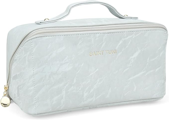 Cosmetic Bag,Travel Makeup Bag, Large Capacity Cosmetic Bags for Women, Waterproof Portable Open Flat Toiletry Bags,Makeup Organizer Bag with Divider and Handle, Cosmetic Pouch Gifts for Women (Grey)