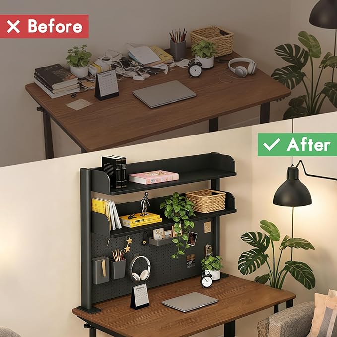 Clamp On Desk Shelf Organizer with Pegboard Desk Hutch Dorm with Storage Bookshelf Desk Top Organizer Shelf Multi-Purpose White & Black Desktop Shelves & Office Shelves (Black, W - 23.6")