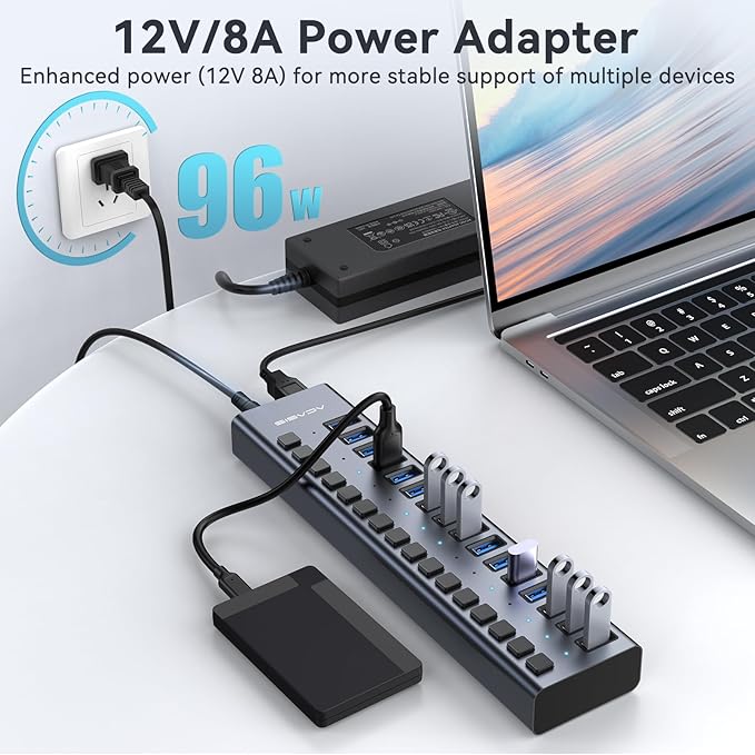 Powered USB 3.2 Hub, ACASIS 16 Ports USB 3.2 Hub with 10Gbps Data Speed，Aluminum Housing, USB Hub Powered with 96W Power Adapter, USB Hub for PC/Laptop, Computer, Flash Drive, Printer, Camera