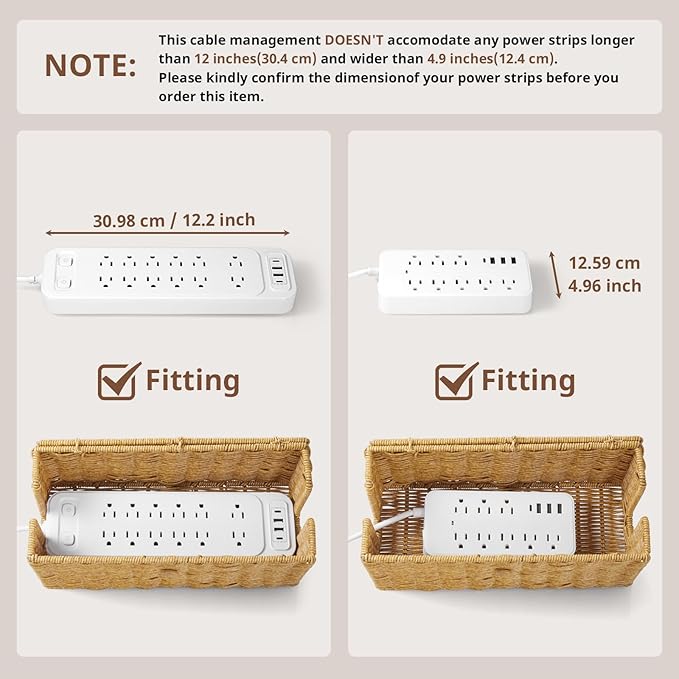 Cable Management Box, Handwoven Synthetic Rattan Cable Organizer, 2 Side Open Slots Cords Hider Box, Under Desk Cord Organizer for USB Wire, TV PC Charger & Power Strip, Natural