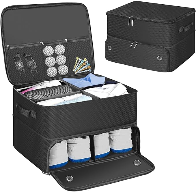 Golf Trunk Organizer, 2 Layer Car Trunk Locker with Separate Ventilated Shoe Compartment - Waterproof Golf Accessories Storage for Balls, Tees, Clothes, Gloves | Golf Gifts for Men Golfers