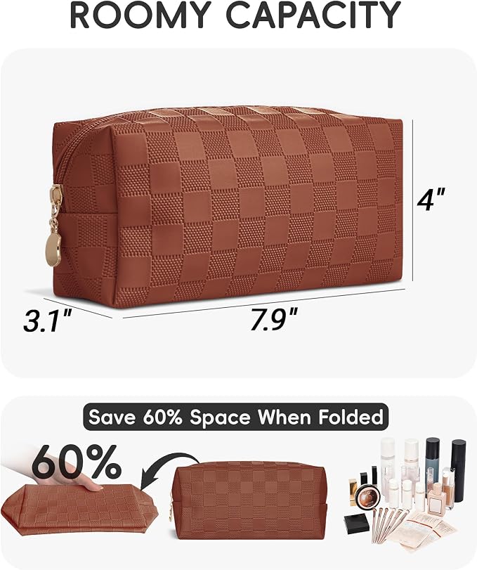 Checkered Makeup Bag for Purse - Cute PU Leather Travel Cosmetic Pouch for Women, Portable Flat Toiletry Organizer with Gold Zipper(brown)