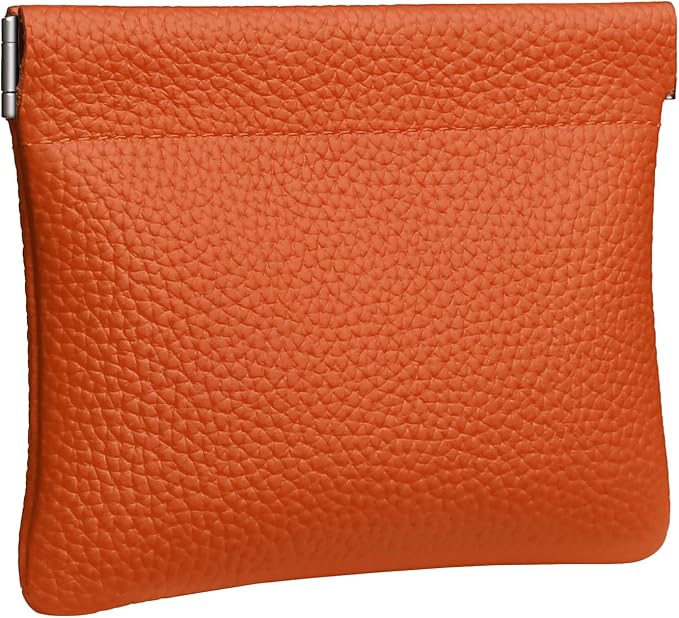 Genuine Leather Squeeze Coin Purse Pouch Change Holder For Men & Women Mini Change Purse Pouch for Pocket, Small Pouch Credit Card Key Headset Lipstick Holder (Orange)