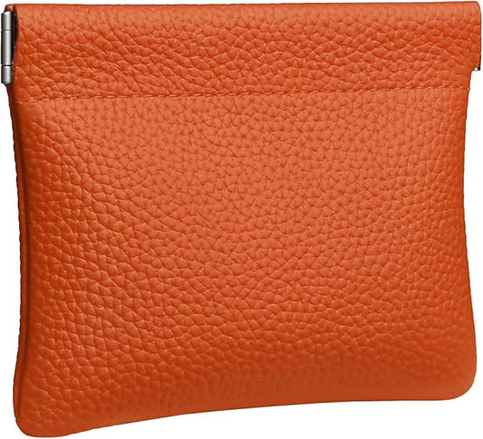 Genuine Leather Squeeze Coin Purse Pouch Change Holder For Men & Women Mini Change Purse Pouch for Pocket, Small Pouch Credit Card Key Headset Lipstick Holder (Orange)