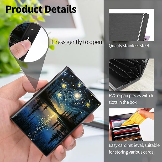 Metal Wallet, Credit Card Holder for Women Men Girls, RFID Blocking Aluminum Wallet Slim Hard Case, Mini Travel Wallet, ID Card Holder Business Card Case,Art Starry Night