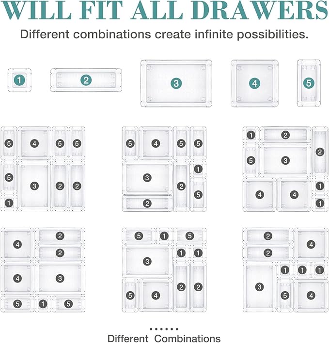 23 PCS Drawer Organizer Set, 5 Varied Size Bathroom and kitchen Drawer cabinet organizer Trays, Clear Storage Bins for Makeup, Jewelry, Utensils and Gadgets