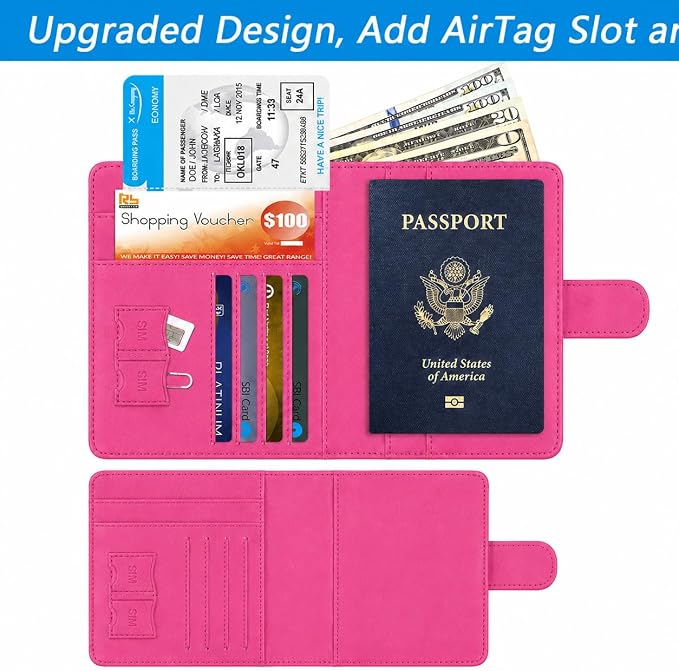 Passport Holder with RFID Blocking Leather Travel Wallet | Multiple Card Compartments, SIM Card Access, Compact Carry Design, Flight Ready Essentials for Men & Women, Fuchsia