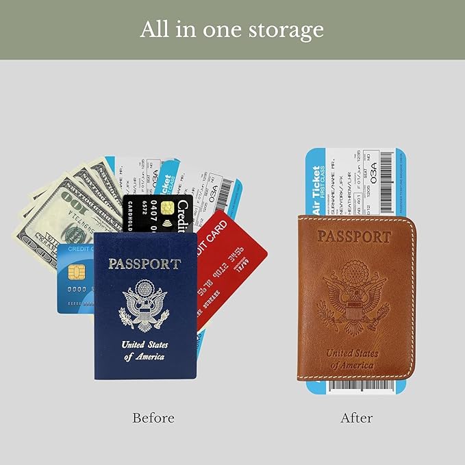 Passport Holder for Travel | Premium Leather Passport Cover & Protector | Stylish Travel Document Organizer with Embossed US Seal | Unisex Case with Slots for Cards & Boarding Passes - Brown