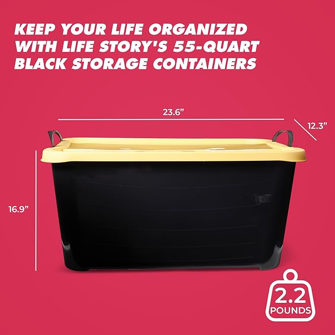Life Story 18 Pack Heavy Duty Stackable Storage Bin, 55 Quart Home Organizer, Versatile Lightweight Locking Bins with Carrying Handles, Black/Yellow