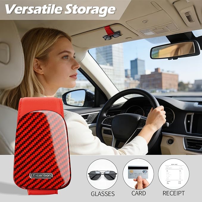 T-carbon Sunglass Holder for Car Sun Visor,Magnetic Leather Sunglasses Hanger,Glass Fiber Sunglasses Holder and Ticket Card Clip, Car Visor Accessories,Red