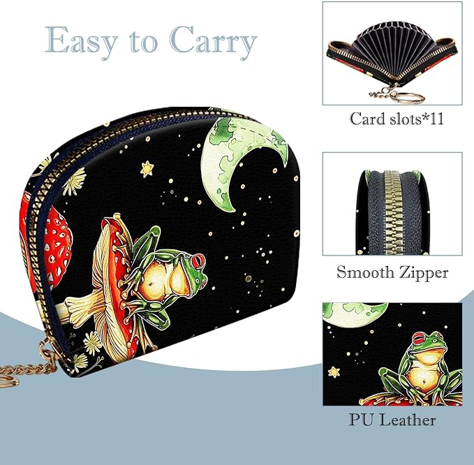 Women's Slim RFID Wallet – Compact Leather Card Holder Wallet for Women, 9 Card Slots RFID Blocking Credit Card Organizer, Small Travel Wallet - Aesthetic Mushroom Frog