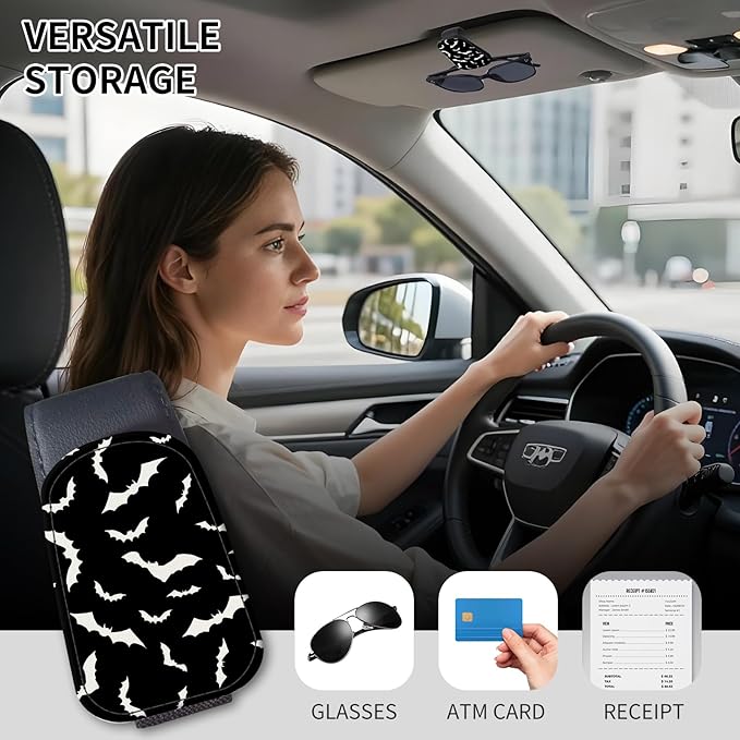Sunglasses Holder for Car Visor, PU Leather Glasses Clip Organizer, Cute Magnetic Eyeglass Holder for Vehicle Sun Visor, Car Interior Accessory for Women & Men Black Bats Pattern