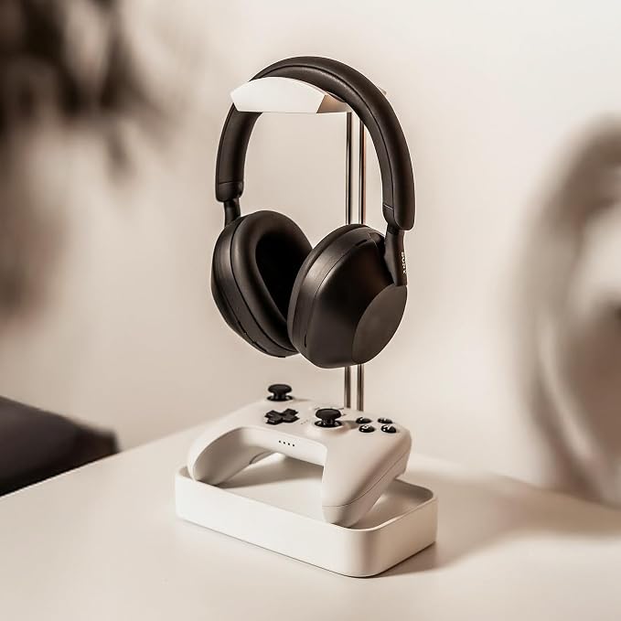 Raico Headphone Stand with Catchall Tray Base Premium Showpiece Headset Holder with Storage Solid Wood (Matte White)